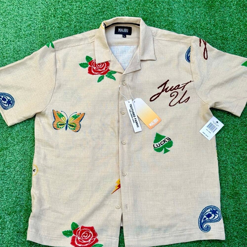 MALIBU Just Us T Shirt Lucky Rose Butterfly Water Drop Summer Button Up Tee